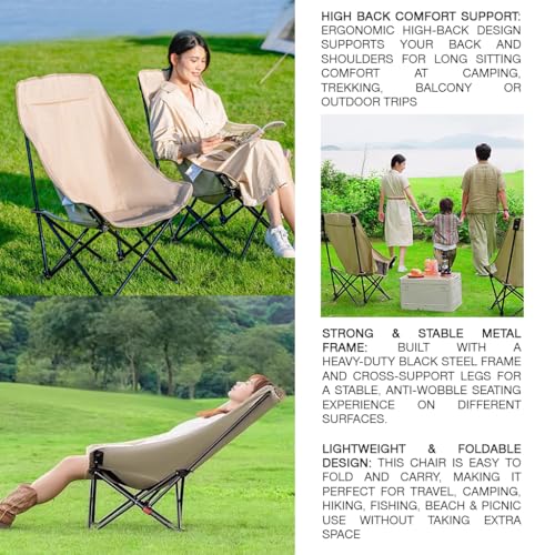 Image of Lyrovo Portable Folding Camping Chair High Back | 90 to 145 Degree Adjustable Compact Lightweight | Foldable Chair for Camping, Beach, Picnic & Balcony