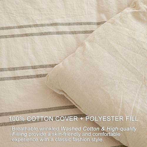 Image of Cyusri Cotton Stripe Full Comforter Set - Soft Lightweight Bedding 3 Pieces Dyed Bed Set with 2 Pillow Shams,Reversible All Season Farmhouse Down Alternative(Full Size 80 inchx90 inch Beige)