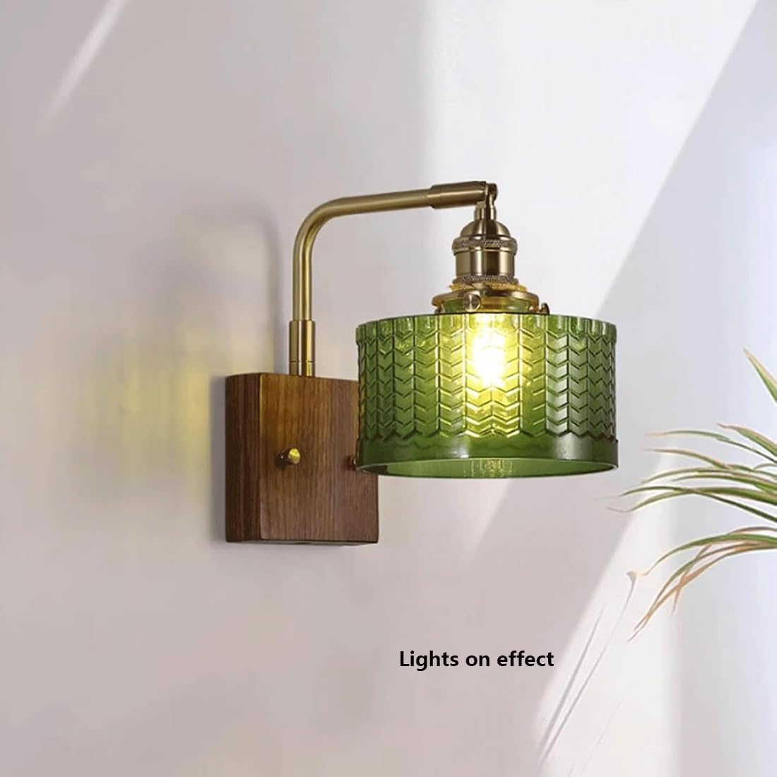 Applique da parete moderna per interni con paralume in vetro e base in legno massello, stile retrò, lampade industriali per camera da letto, comodino, soggiorno, veranda, sala da pranzo (verde)