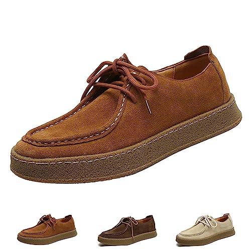 WENOREG Men's Suede Lace Up Casual Loafers Fashion Comfort Slip-ons 2-Eye Thick Sole Waterproof Walking Sneakers Outdoor Flat Low Top Lightweight Walking Working Office Work Mocassins Shoes