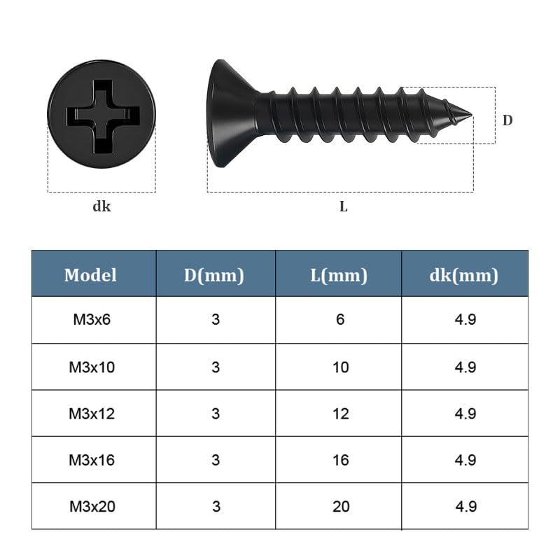 50 Pcs Black Self Tapping Screws (M3x16-50pcs)