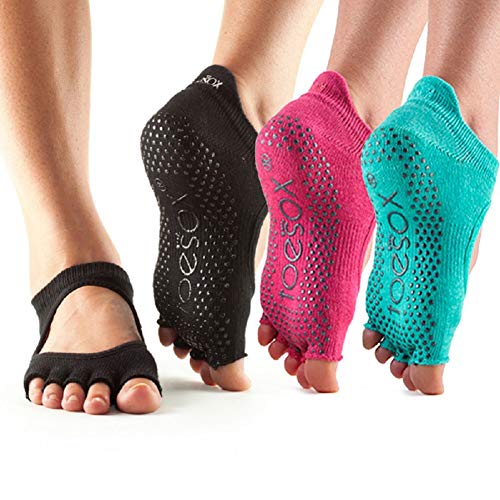 toesox Bellarina Yoga Socks – 3 Pack, Black, Rasberry & Aqua, SM