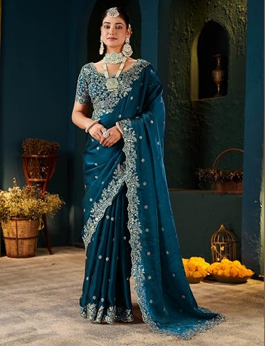 Image of DHARMEE Women's Silk Saree with Embroidered Blouse Piece, Traditional Parte Wear with Gold Border and Hand Work Lace Embellished, Solid /Plain, Applique, Woven, Bollywood Jimmy Jimmy, Satin Saree