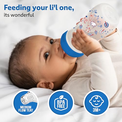 Image of LuvLap Anti-Colic Slim /Regular Neck Essential Baby Plastic Feeding Bottle, 250Ml (Pack of 8), New Born /Infants /Toddler Upto 3 Years, Jungle Tales & Wild Flowers, BPA Free,Blue