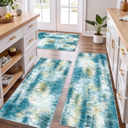Tritard 100% Non Slip Kitchen Rugs Sets of 3 Washable Kitchen Mats for Floor Abstract Kitchen Runner Rug Soft Thick Floor Mat Set Kitchen Carpet Rugs for Hallway, Laundry, Entryway, Office, Teal