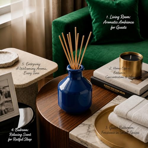 Image of Pure Source India Elegant Ceramic Reed Diffuser Pot - Decorative Aroma Diffuser Vase for Living Rooms, bedrooms, bathrooms, Offices, and entryways (Blue)