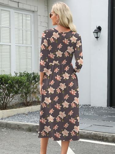 Image of Heymoments Women's Casual 3 /4 Sleeve Midi Dress Crewneck A Line Tiered Flowy Loose Travel Long Dresses with Pockets