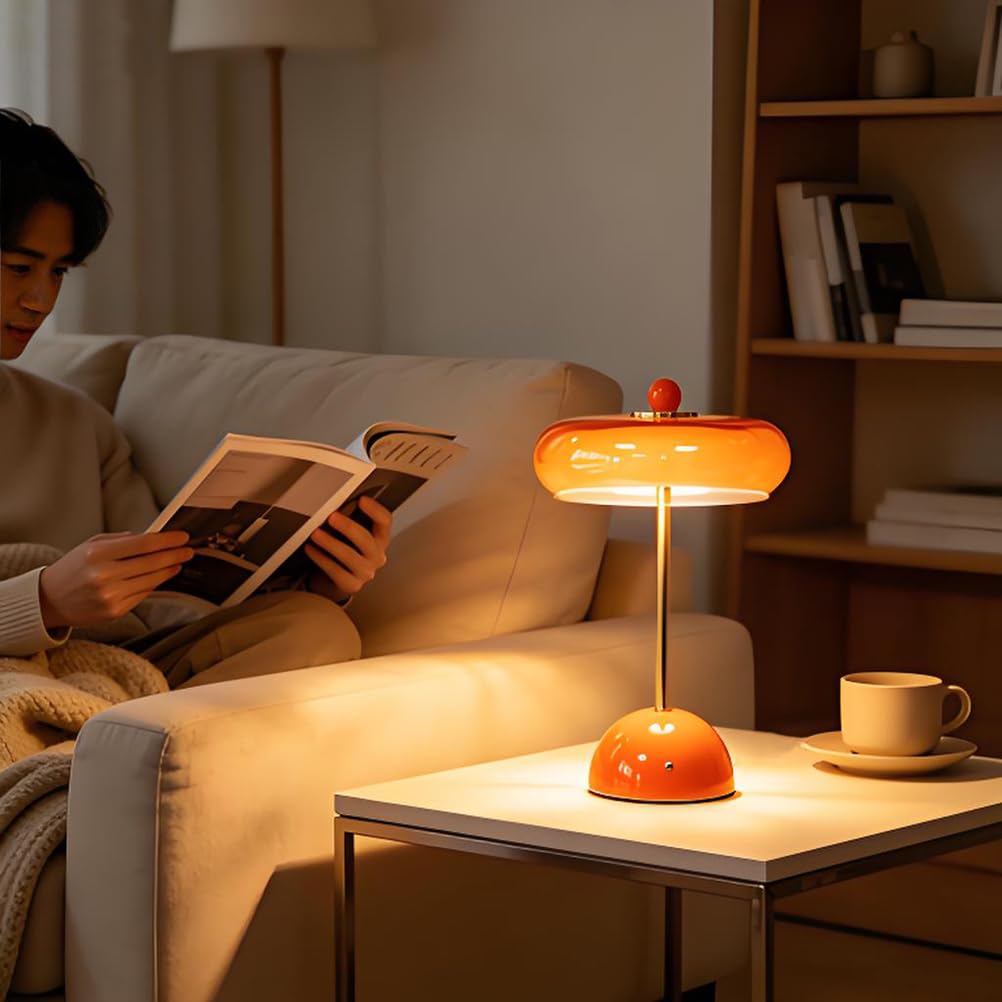 AoLa Tischlampe Orange Kabellos Pilzlampe Akku Tischleuchte Dimmbar Touch Lampe USB Aufladbar Batterie Nachttischlampe Ohne Kabel 3000K-6000K Orange Pilz Lampe Tragbare Vintage Lampe