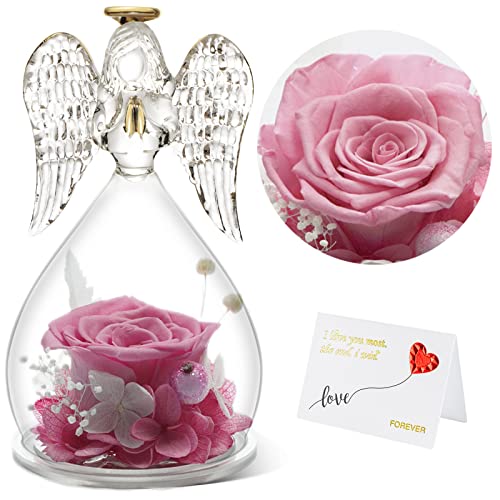 Yamonic Rose Eternelle sous Dôme Ange, Maman Cadeau, Fleurs Eternelles avec Ange Figurine,Cadeau Grand Mère,Vraie Rose avec Ange Gardien, Cadeau Anniversaire Femme,Cadeau Saint Valentin Femme,Rose
