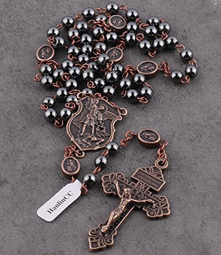 HanlinCC 6mm Hematite Black Stone Beads with Anti-Bronze Anti-Copper Saint Michael the Archangel Our Father Beads Catholic Rosary Necklace with St.Michael Medal and Pardon Crucifix with Black Velvet Gift Bag for Men and Women4