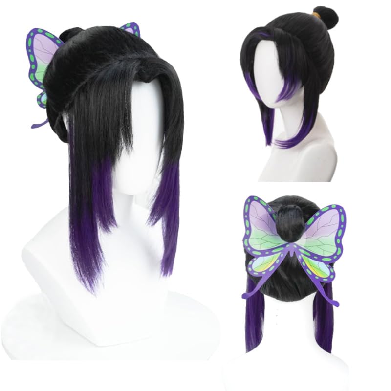 Image of LABEAUTE Shinobu Cosplay Wig with Butterfly Hair Clip, Anime Short Wig with Cap for Halloween Cosplay Party, for Demon Slayer (Black Purple Short)