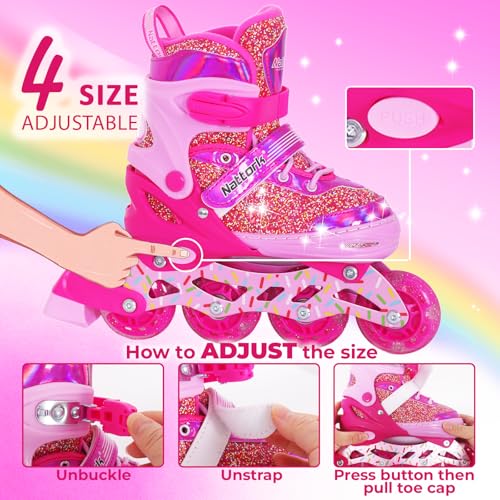Nattork Inline Skates for Girls Kids, Candy Pink Adjustable Blades Roller Skates with Light up Wheels for Ages 4-12, Best Birthday Gift for Beginners Indoor Outdoor Sports - image 2