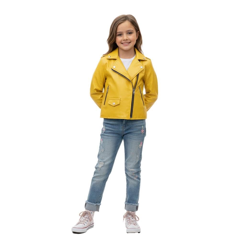 A2z 4 Kids Girls Mustard Pu Leather Jacket Thick Collar Biker Zipper Coat - Pu Leather Jacket 460 13.