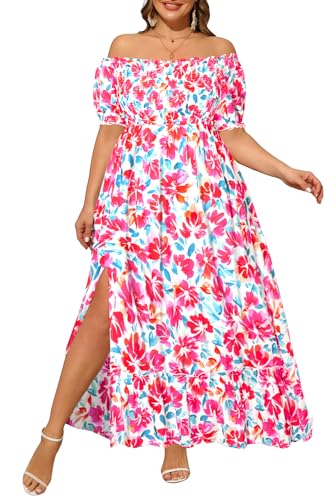 Image of Plus Size Summer Dresses Sun - Maxi Boho Casual Off Shoulder Floral Lace Long Dress with Pockets