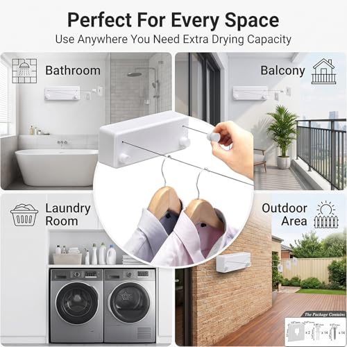 Image of Retractable Heavy Duty Double Clothesline for Drying Clothes Indoor Outdoor | Dual 13.8 ft Stainless Steel Ropes | Wall Mounted or No-Drill Laundry Drying Rack for Balcony(Dual Liner White)