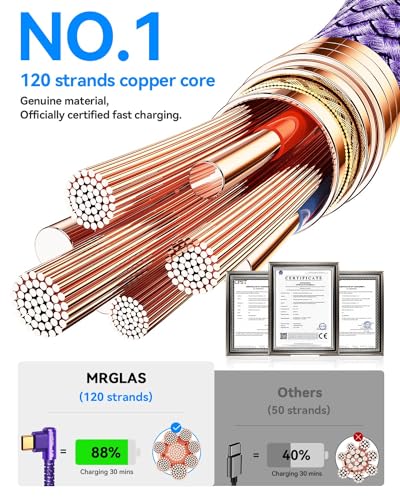 Image of MRGLAS 3.2A USB C Charger Cable, [4-Pack,10+6.6+3.3+1.6FT] USB A to USB C Right Angle Gold-Plated Type C Charger Fast Charge Durable Braided Cord for iPhone 17 16 15 Samsung S10 Note 10 S21 LG-Purple