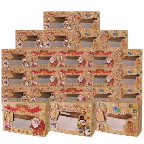 24 PIÈCES Boîtes à biscuits de Noël avec fenêtre en PVC en papier kraft - Boîtes à gâteaux en chocolat pour DIY, avec étiquettes, pour fournitures de...