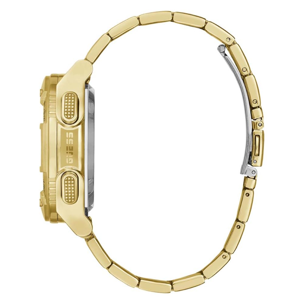 Strana view of the GUESS Digital Watch GW0271G2 with the clasp open, showing the watch profile and the bracelet design.