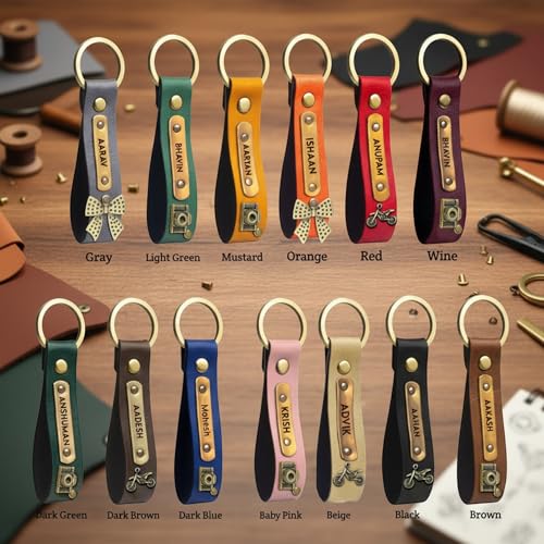 Image of Men's Leather Keychain Name Leather Keychain for Mens | Personalized Keychains with Printed Customized Keychains for Men | Customised Gift Set for Men with Name & Charm, Brown