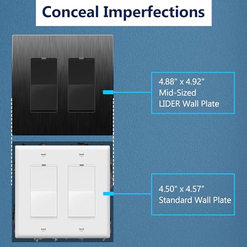 Image of LIDER Double Decorator Screwless Metal Wall Plate, Temperature and Impact Resistant, Screwless Cover, Modern Upgrade, Mid-Size 2-Gang 4.88 inch x 4.92 inch, UL Listed, Stainless Steel, Brushed Black, 1-Pack