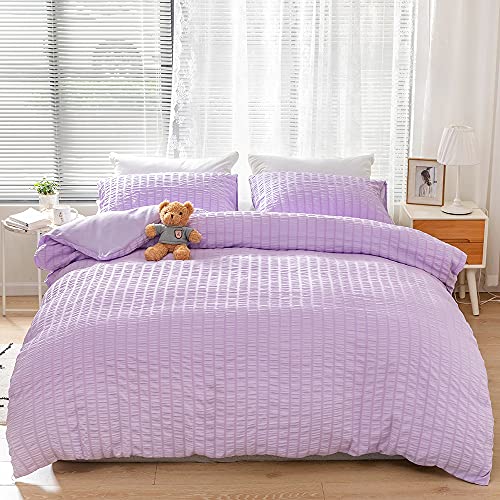 JSFN Juego de ropa de cama de Seersucker, juego de 3 piezas, funda nórdica suave y acogedora con funda de almohada (lila claro, 135 x 200 cm)