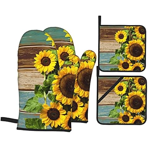 Rustic Wood Sunflower Oven Mitts Set Cover