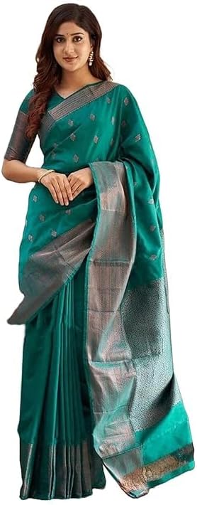 Women's Banarasi Kanjivaram Cotton Silk Jacquard Saree with Unstitched Blouse Material, Teal, Festive Wear