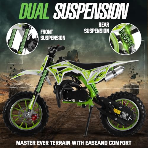 Image of 2026 New 50cc Dirt Bike for Kids 2-Stroke, Toddler Gas Powered Mini Bike with Front Rear Disc Brakes, Speeds up to 40KM /H, Gas Motorcycle for Children, Ideal Gifts for Boys Girls, Blue (Green L)