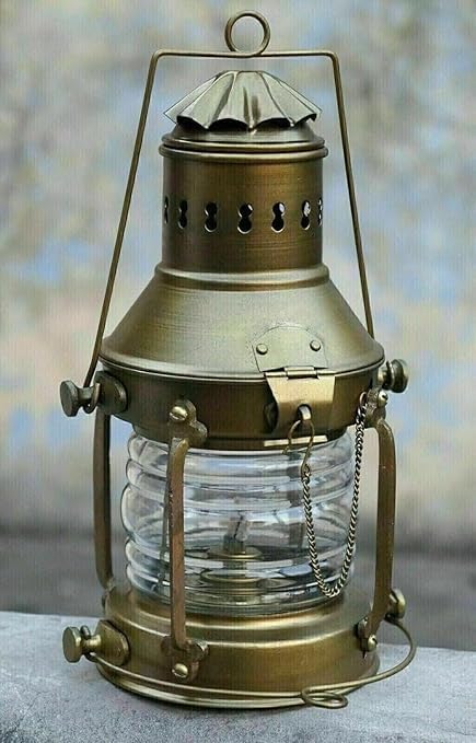10 Inch Nautical Brass Hanging Oil Lamp | Antique Ship Anchor Lantern | Vintage Marine Lighting for Boat Home Coastal Decor