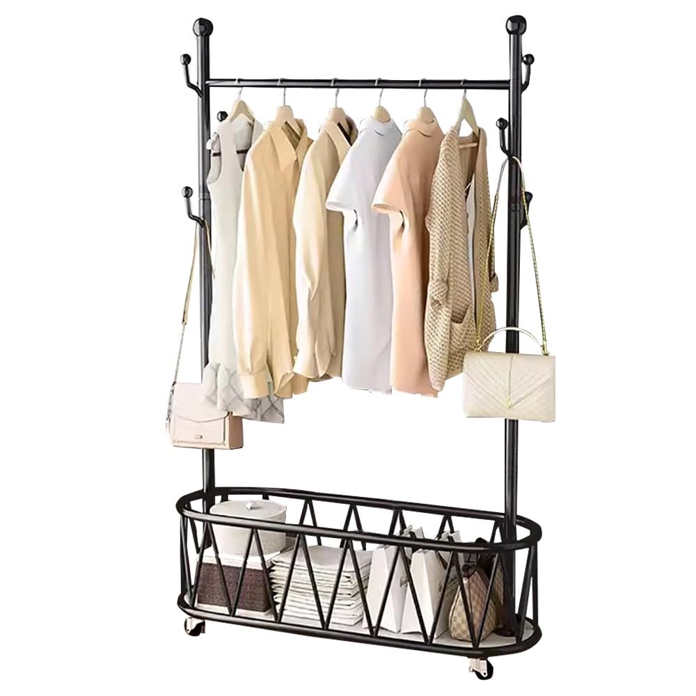 FGXHHS Heavy-Duty Mobile Coat Rack with Wheels, Industrial Steel Frame for Bedroom & Entryway, Space-Saving Design