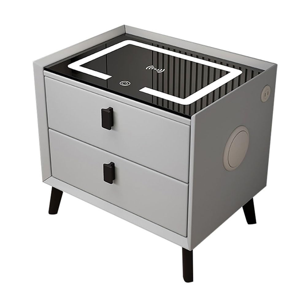 ASerZenith Smart Side Table With Charging Station,Nightstand With 3 Color Led Lights,End Table Bedroom Furniture Side Table,Light Gray-45X40Cm