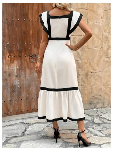 SOLY HUX Women's Square Neck Ruffle Hem Dress Elegant Cap Sleeve Color Block Long Dresses2