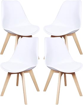 Modern Style Kitchen Dining Room Chair with Natural Wood Legs Shell Lounge Plastic Side Chairs for Dining, Bedroom, Living Room Armless Mid Century Dining Chairs Set of 4 White