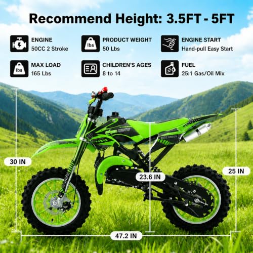 Image of 50cc Dirt Bike, 2 Stroke Gas Mini Bike for Kids 8-14 with Front Rear Disc Brakes, 10 Inch Off-Road Tires, Shock Absorption, Seat Height 23.6in, Max Speed 40mph, 2026 Upgraded(Green)