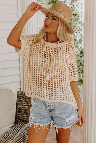 Image of Womens Summer Cover up Beach Sweater Scoop Neck Short Sleeve Crochet Hollow Out Knit Tops Pullover Shirts