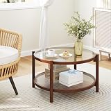 CLEEMAN Rattan Coffee Table, 2-Tier Boho Glass Coffee Table with Solid Wood Frame & PE Rattan Shelf, Wood Round Tea Table with Tempered Glass, Center Table for Living Room Office