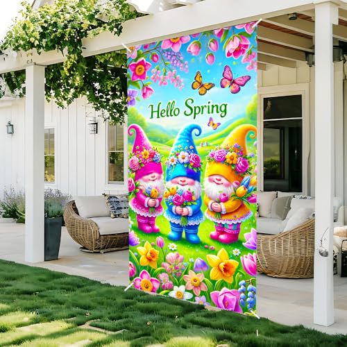 Image of Hello Spring Gnome Trio Door Cover 35x71in Butterfly