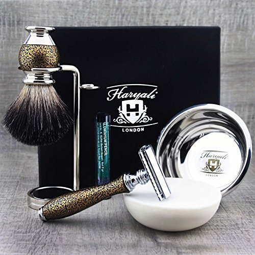 Haryali London, set da barba da uomo 5 pezzi: kit completo per la rasatura a umido con rasoio a doppia lama, pennello da barba in tasso, ciotola da barba, sapone da barba ed elegante support