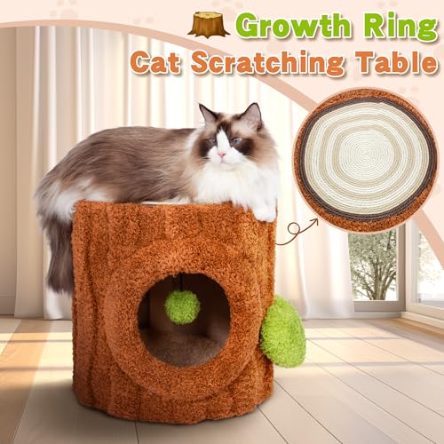 Image of Cat House for Indoors Cats, Luxury Cat House Bed with Scratch Table & Soft Cushion, Cat Condo with Hanging Ball Toy for Small Medium Pets, Brown