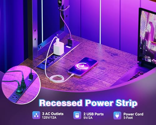 AODK L Shaped Desk Gaming Desk with LED Light & Power Outlet, 53 Inch Reversible L Shaped Computer Table with Shelf & Storage Bag & Hook for Home Office, Vintage
