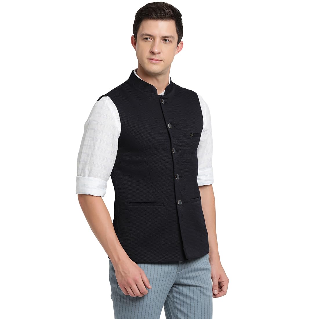 turtle Men Poly Cotton Black Dobby Print Formal Nehru Jacket-picture-22