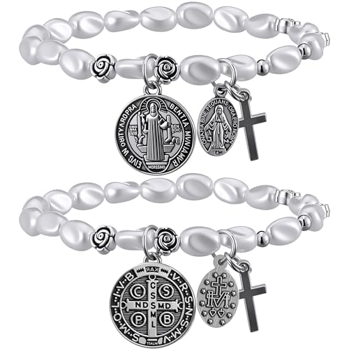 Quelay 2 Pcs Saint Benedict Medal Bracelets with Natural Pearls Adjustable Catholic Rosary Bracelet for Women Saint Benedict Medal Gifts Medalla Recuerdos De Bautizo Para Baroque Women Jewelry Gifts