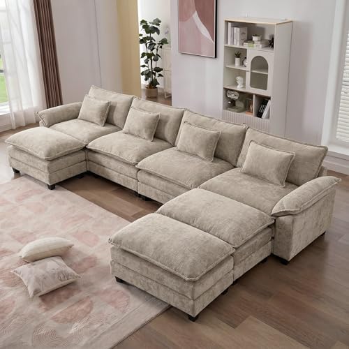 IPKIG 154' Modular Sectional Sofa, Chenille C-Shaped Sectional Couch Comfy Upholstered Seat Sofa with Ottoman, Deep Seat
