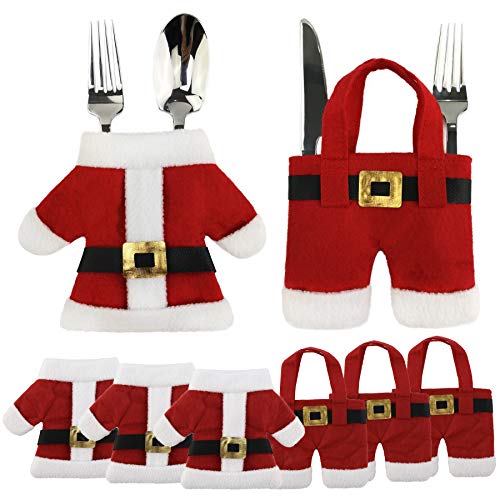 Athoinsu 6 pcs Christmas Silverware Holders Pocket Set Santa Claus Suit Cutlery Knifes Forks Tableware Bag Storage Covers Christmas Decoration