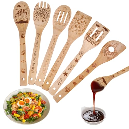 GLOBLELAND 6Pcs Sea Turtles Wooden Spoons Utensil Set Animal Flowers Bamboo Carving Kitchen Cooking Utensils Wooden Engraved Cooking Spatula Set for Kitchen Fun House Mother Friend Women Warming Gift