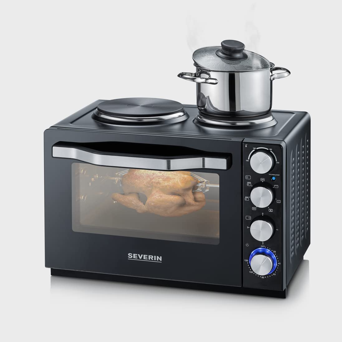 SEVERIN Mini-Four à chaleur tournante 30 L avec tournebroche et plaques de cuisson, Four posable 2 500 W design élégant, Mini-four électrique minuteur 120 min, Noir/Inox, TO 2065