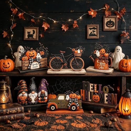 Halloween Tiered Tray Decorations, 6 Pcs Wooden Halloween Table Decorations Farmhouse Pumpkin Gnome Ghost Vintage Truck Bike Sign Set for Mantel Shelf Kitchen Office Fall Party Centerpiece