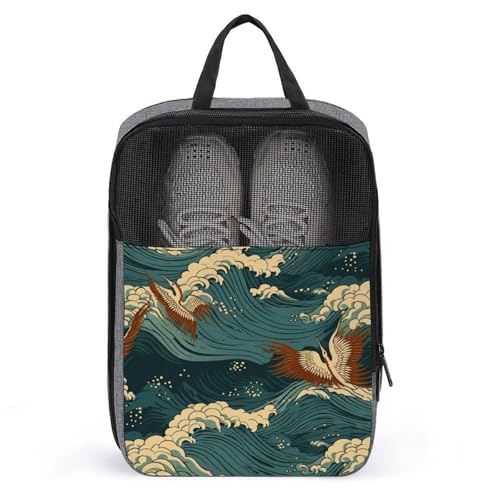 Japan Wave Wallpapers Shoe Bags for Travel Water-Resistant Shoes Pouch with Handle Fashion Shoe Organizer with Zipper Closure Portable Sneaker Carrier for Men & Women Daily Use