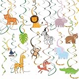 HonuGoGo Safari Jungle Party Hanging Swirl Decorations – 34-Piece Set with Animal Cutouts and Tropical Leaves | Paper Ceiling Swirls for Birthday, Safari Theme, Jungle Celebration, Zoo Party or Event