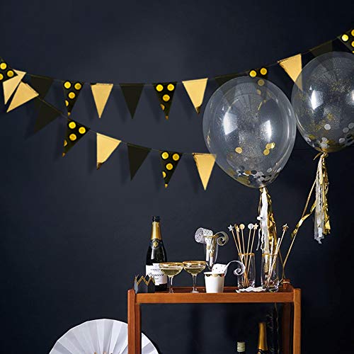 Image of 30Ft Black Gold Party Decorations Polka Dot Pennant Banner Paper Circle Dot Triangle Flags Bunting Garland for Wedding Bridal Shower Birthday Bachelorette Engagement Anniversary Holiday Party Supplies